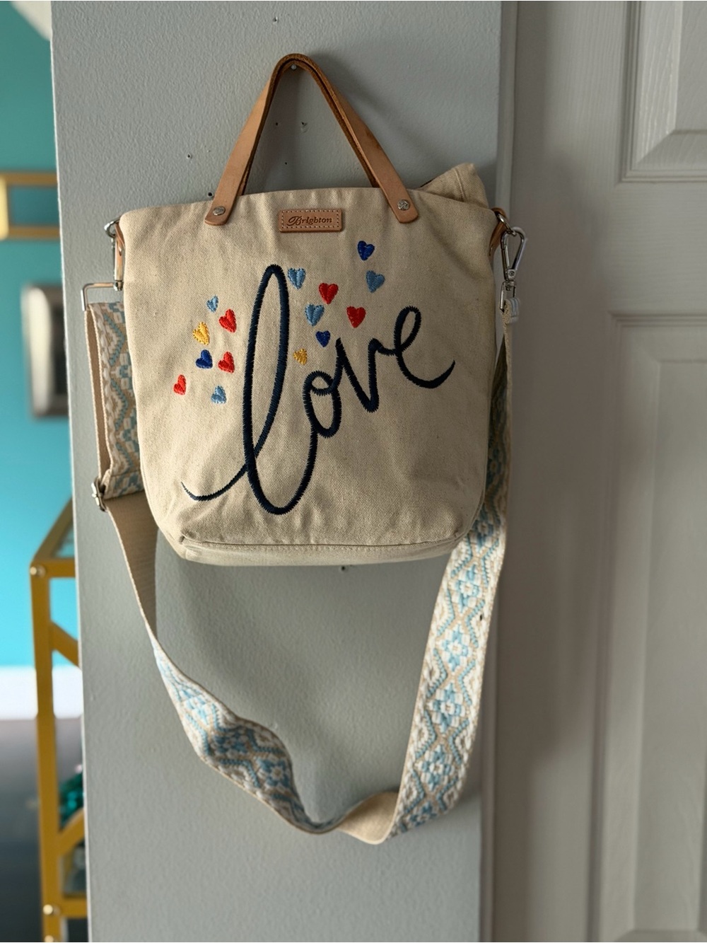 Brighton Canvas Love Heartful Embroidered Messenger Crossbody Bag Purse